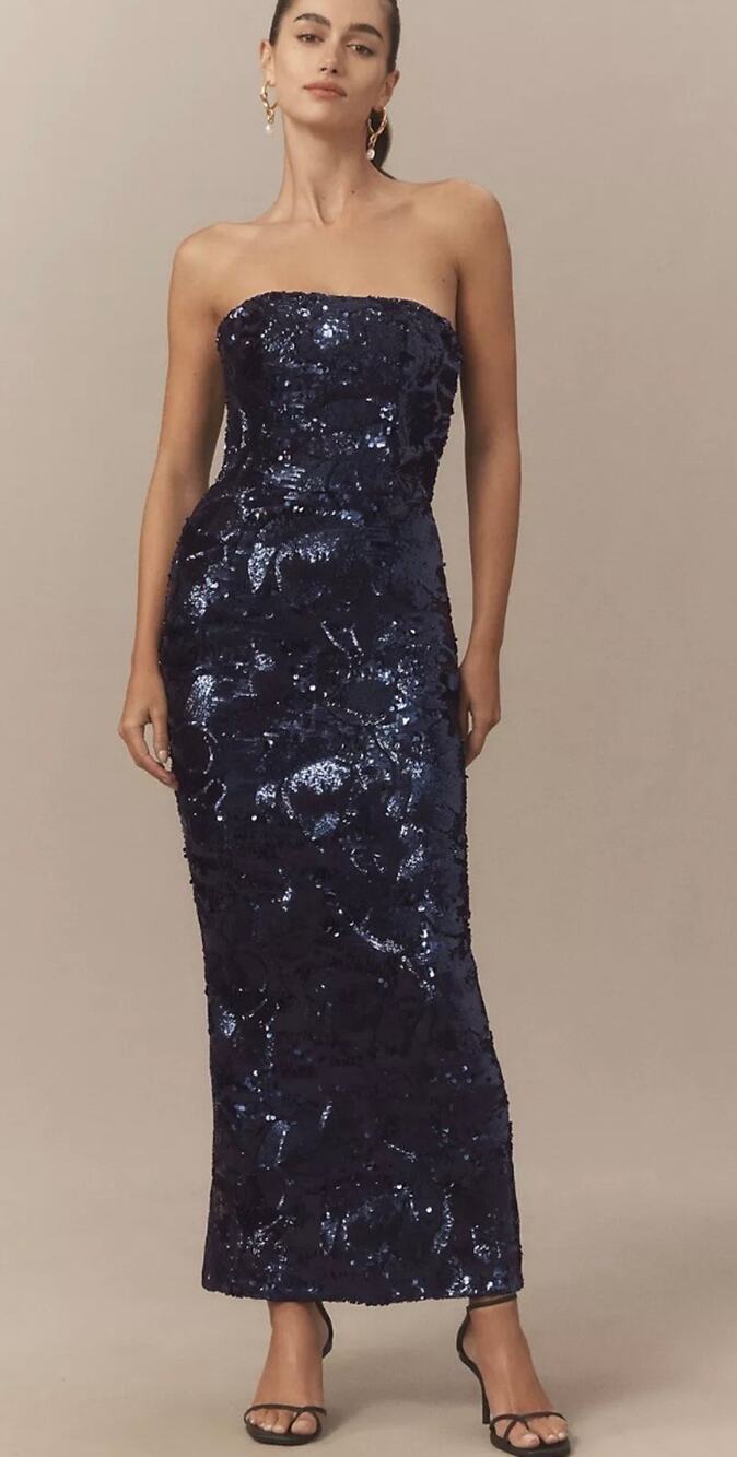 Helsi Leslie Strapless Sequin Mesh Midi Dress - Navy, Size large (new)